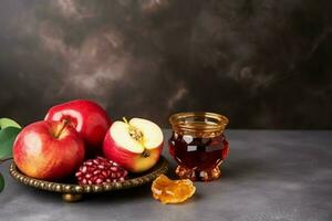 Traditional food of jewish new year holiday of tradition or religion. Rosh hashanah with copy space concept by AI Generated photo