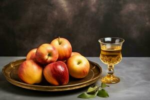 tradicional comida de judío nuevo año fiesta de tradicion o religión. rosh hashaná con Copiar espacio concepto por ai generado foto