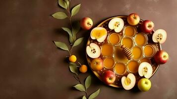 Traditional food of jewish new year holiday of tradition or religion. Rosh hashanah with copy space concept by AI Generated photo