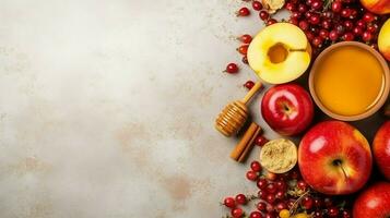 tradicional comida de judío nuevo año fiesta de tradicion o religión. rosh hashaná con Copiar espacio concepto por ai generado foto