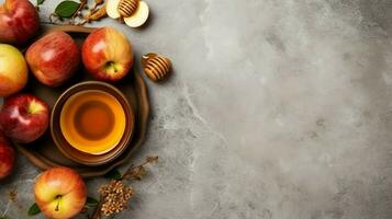 Traditional food of jewish new year holiday of tradition or religion. Rosh hashanah with copy space concept by AI Generated photo