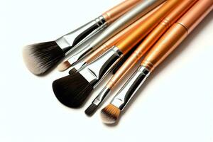 Set of professional makeup brushes cosmetic accessories set on white background. Makeup tool concept by AI Generated photo