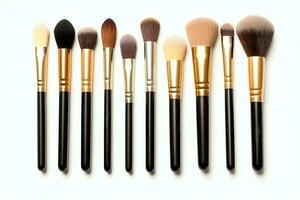 Set of professional makeup brushes cosmetic accessories set on white background. Makeup tool concept by AI Generated photo