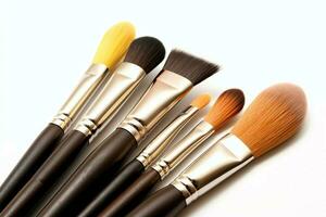 Set of professional makeup brushes cosmetic accessories set on white background. Makeup tool concept by AI Generated photo