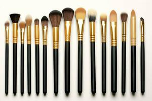 Set of professional makeup brushes cosmetic accessories set on white background. Makeup tool concept by AI Generated photo