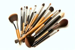 Set of professional makeup brushes cosmetic accessories set on white background. Makeup tool concept by AI Generated photo