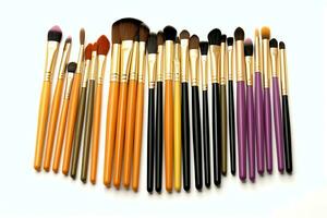 Set of professional makeup brushes cosmetic accessories set on white background. Makeup tool concept by AI Generated photo