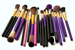 Set of professional makeup brushes cosmetic accessories set on white background. Makeup tool concept by AI Generated photo