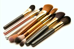 Set of professional makeup brushes cosmetic accessories set on white background. Makeup tool concept by AI Generated photo