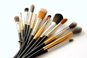 Set of professional makeup brushes cosmetic accessories set on white background. Makeup tool concept by AI Generated photo