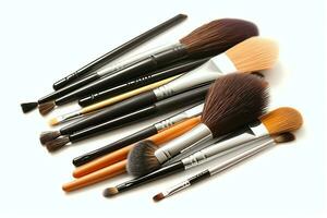 Set of professional makeup brushes cosmetic accessories set on white background. Makeup tool concept by AI Generated photo