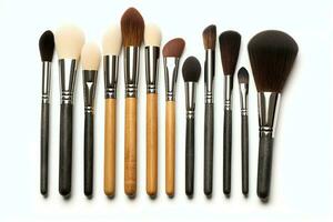 Set of professional makeup brushes cosmetic accessories set on white background. Makeup tool concept by AI Generated photo