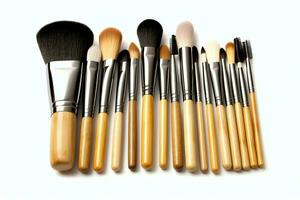 Set of professional makeup brushes cosmetic accessories set on white background. Makeup tool concept by AI Generated photo