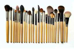 Set of professional makeup brushes cosmetic accessories set on white background. Makeup tool concept by AI Generated photo