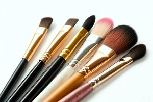 Set of professional makeup brushes cosmetic accessories set on white background. Makeup tool concept by AI Generated photo