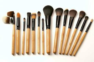 Set of professional makeup brushes cosmetic accessories set on white background. Makeup tool concept by AI Generated photo