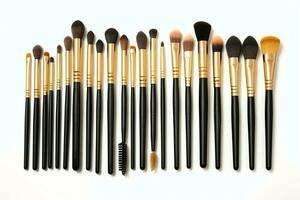 Set of professional makeup brushes cosmetic accessories set on white background. Makeup tool concept by AI Generated photo