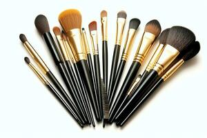 Set of professional makeup brushes cosmetic accessories set on white background. Makeup tool concept by AI Generated photo