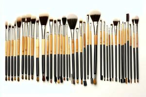 Set of professional makeup brushes cosmetic accessories set on white background. Makeup tool concept by AI Generated photo