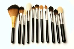 Set of professional makeup brushes cosmetic accessories set on white background. Makeup tool concept by AI Generated photo