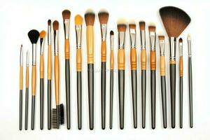 Set of professional makeup brushes cosmetic accessories set on white background. Makeup tool concept by AI Generated photo