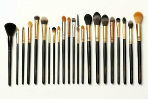 Set of professional makeup brushes cosmetic accessories set on white background. Makeup tool concept by AI Generated photo