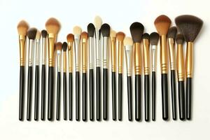 Set of professional makeup brushes cosmetic accessories set on white background. Makeup tool concept by AI Generated photo