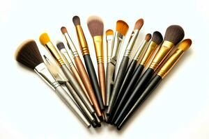 Set of professional makeup brushes cosmetic accessories set on white background. Makeup tool concept by AI Generated photo