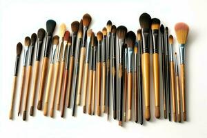 Set of professional makeup brushes cosmetic accessories set on white background. Makeup tool concept by AI Generated photo