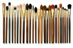 Set of professional makeup brushes cosmetic accessories set on white background. Makeup tool concept by AI Generated photo