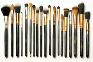 Set of professional makeup brushes cosmetic accessories set on white background. Makeup tool concept by AI Generated photo