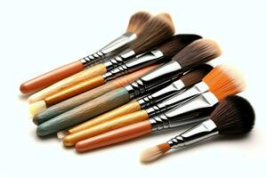 Set of professional makeup brushes cosmetic accessories set on white background. Makeup tool concept by AI Generated photo