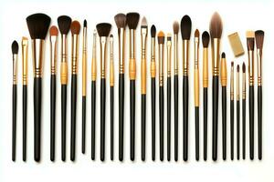 Set of professional makeup brushes cosmetic accessories set on white background. Makeup tool concept by AI Generated photo