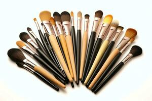 Set of professional makeup brushes cosmetic accessories set on white background. Makeup tool concept by AI Generated photo