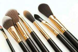 Set of professional makeup brushes cosmetic accessories set on white background. Makeup tool concept by AI Generated photo