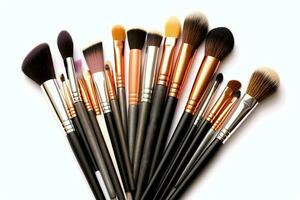 Set of professional makeup brushes cosmetic accessories set on white background. Makeup tool concept by AI Generated photo