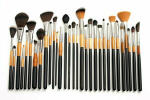 Set of professional makeup brushes cosmetic accessories set on white background. Makeup tool concept by AI Generated photo