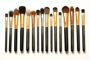 Set of professional makeup brushes cosmetic accessories set on white background. Makeup tool concept by AI Generated photo