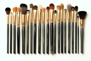 Set of professional makeup brushes cosmetic accessories set on white background. Makeup tool concept by AI Generated photo