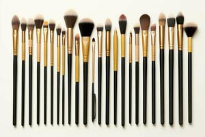 Set of professional makeup brushes cosmetic accessories set on white background. Makeup tool concept by AI Generated photo