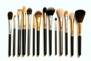 Set of professional makeup brushes cosmetic accessories set on white background. Makeup tool concept by AI Generated photo