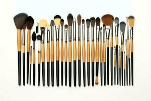 Set of professional makeup brushes cosmetic accessories set on white background. Makeup tool concept by AI Generated photo