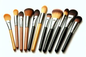 Set of professional makeup brushes cosmetic accessories set on white background. Makeup tool concept by AI Generated photo