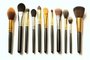 Set of professional makeup brushes cosmetic accessories set on white background. Makeup tool concept by AI Generated photo