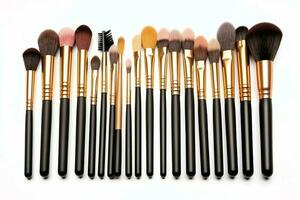 Set of professional makeup brushes cosmetic accessories set on white background. Makeup tool concept by AI Generated photo