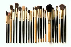 Set of professional makeup brushes cosmetic accessories set on white background. Makeup tool concept by AI Generated photo