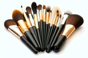 Set of professional makeup brushes cosmetic accessories set on white background. Makeup tool concept by AI Generated photo