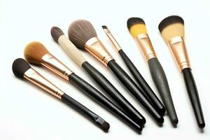 Set of professional makeup brushes cosmetic accessories set on white background. Makeup tool concept by AI Generated photo