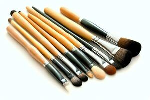 Set of professional makeup brushes cosmetic accessories set on white background. Makeup tool concept by AI Generated photo