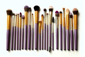 Set of professional makeup brushes cosmetic accessories set on white background. Makeup tool concept by AI Generated photo